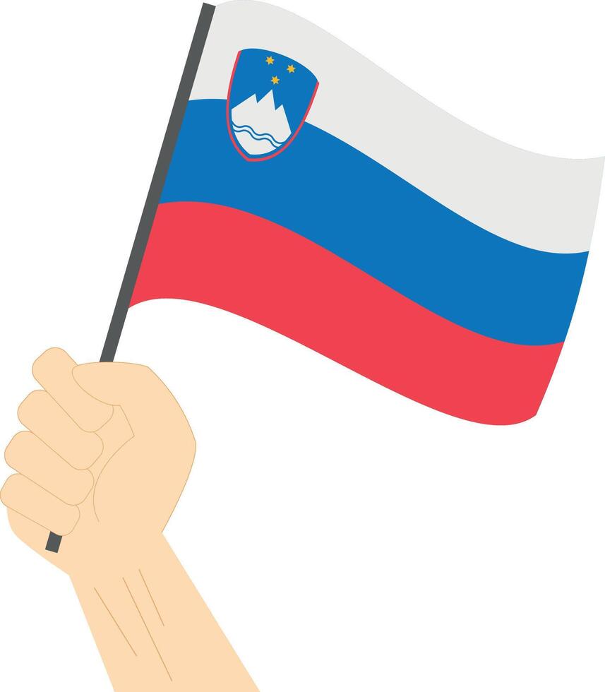 Hand holding and raising the national flag of Slovenia vector
