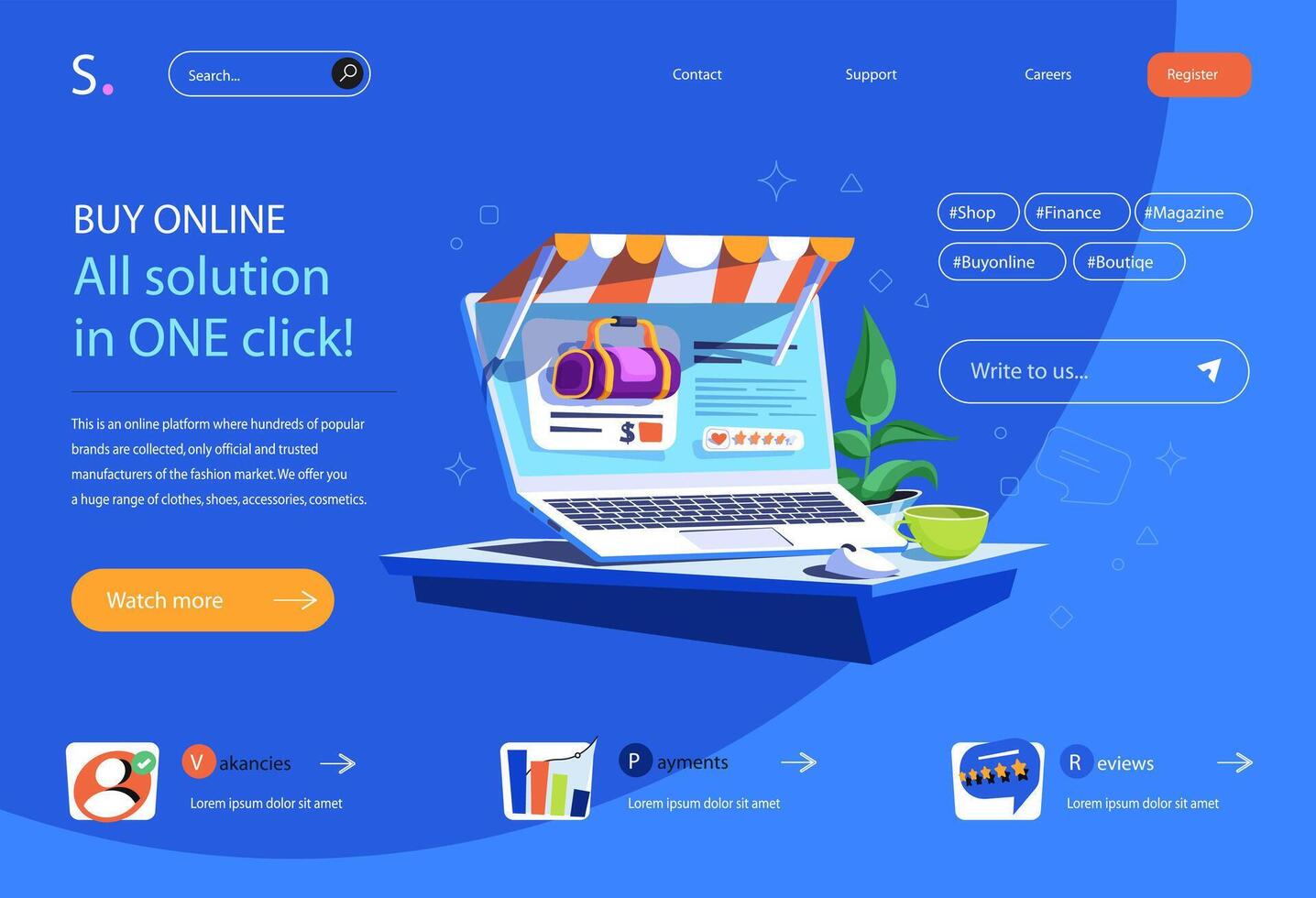 Online shopping concept in flat cartoon design for homepage layout. Selecting products on website of store, placing order and paying for purchase. illustration for landing page and web banner vector