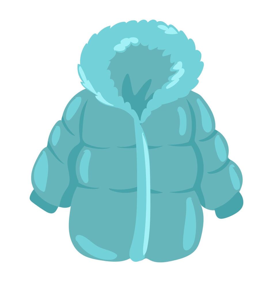 Cute winter blue jacket in flat design. Seasonal child warm outerwear. illustration isolated. vector