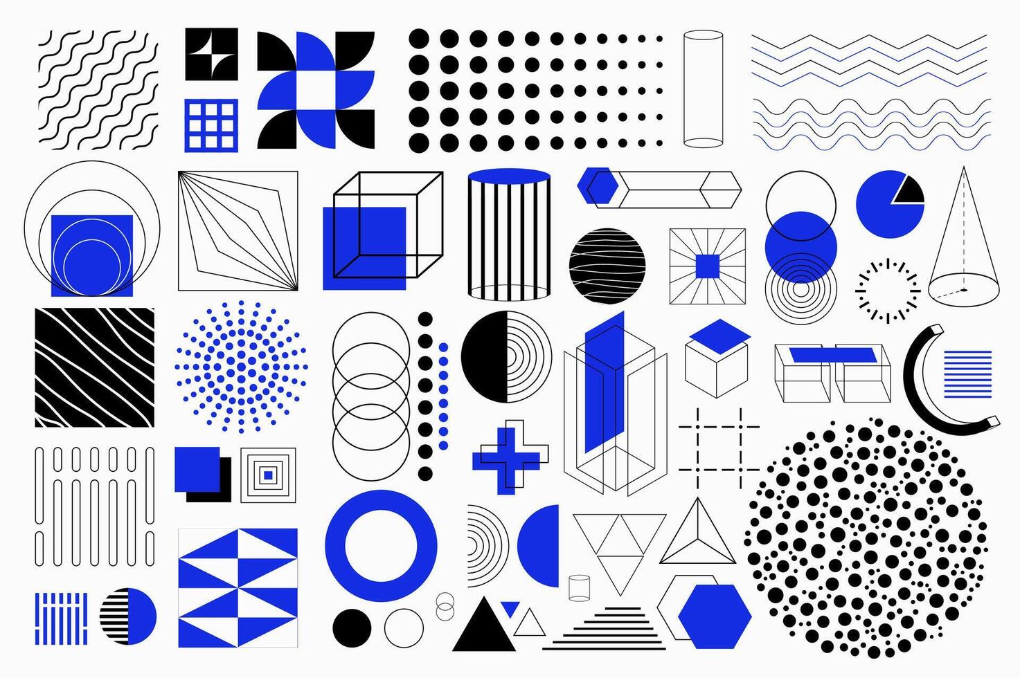 Geometric shapes isolated elements set in flat design. Bundle of different lines, squares, dots, cylinder, circle, rhombus, cubes, sphere, patterns, cross, triangles and other. illustration. vector