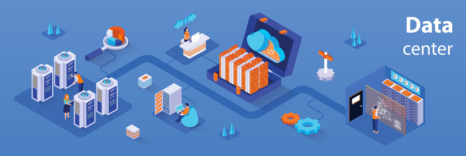 Data center concept 3d isometric infographics web banner. People ...