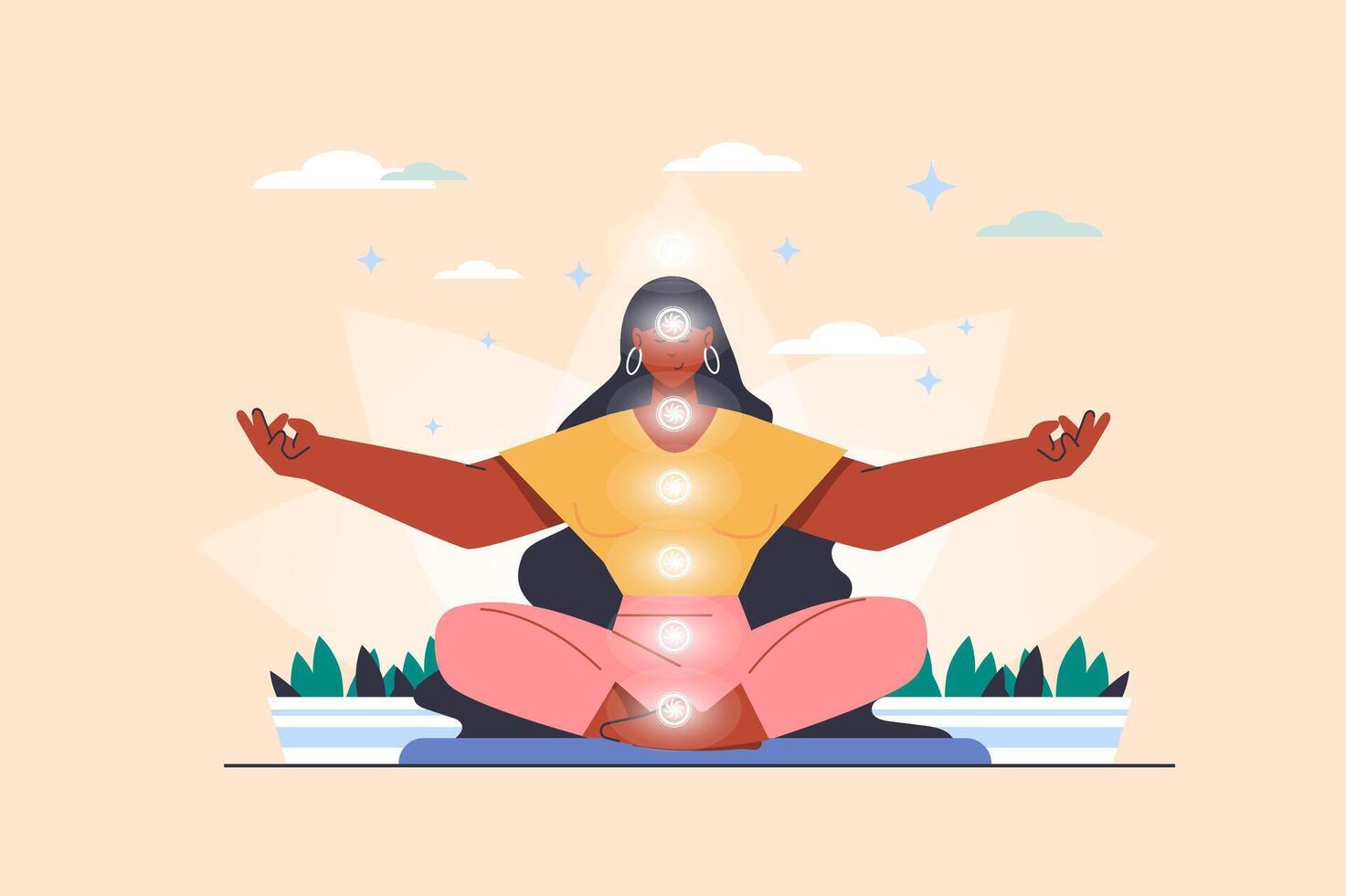 Chakras concept with people scene in flat design. Woman sits in lotus position and meditates, opens spiritual chakras and energy centers in body. illustration with character situation for web vector