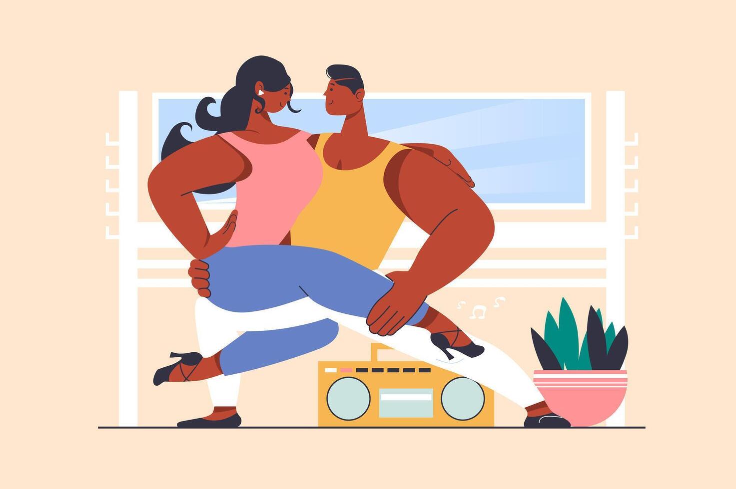 Bachata dance concept with people scene in flat design. Woman and man dancing latin dances in ballroom. Couple of dancers training in studio. illustration with character situation for web vector