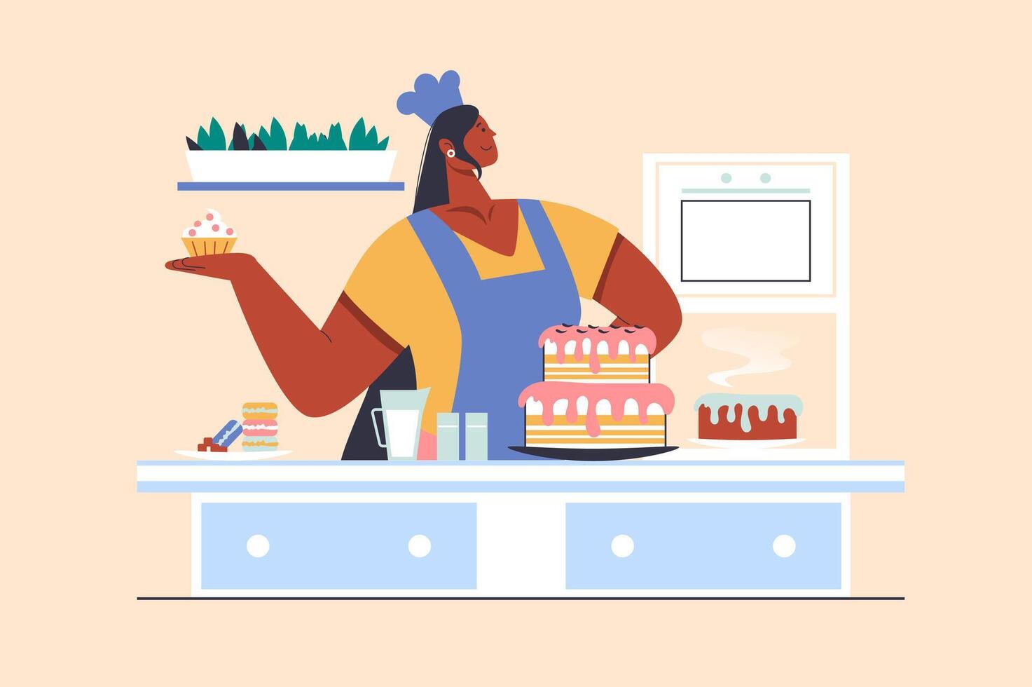 Confectionery concept with people scene in flat design. Woman in apron and chef hat prepares cakes, pastries and cupcakes and decorates desserts. illustration with character situation for web vector