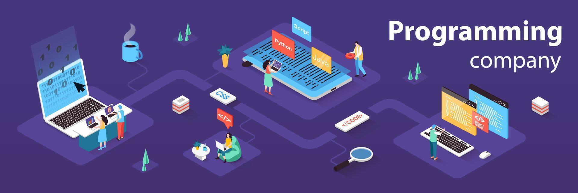 Programming company concept 3d isometric infographics web banner ...