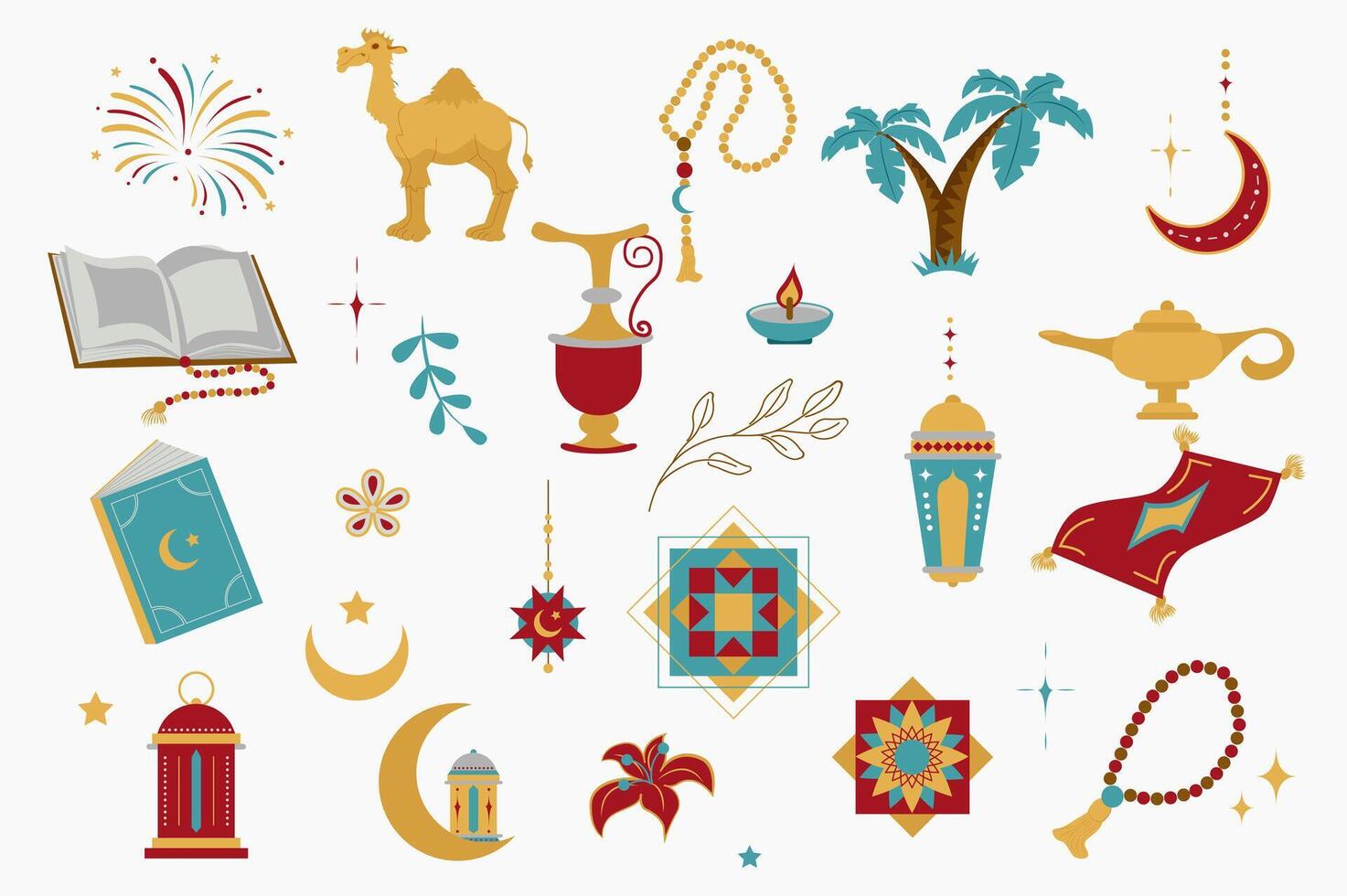 Ramadan holiday isolated elements set in flat design. Bundle of quran, camel, rosary, coffee pot, candle, palm trees, crescent moon, flower, mosque and other traditional symbols. illustration. vector