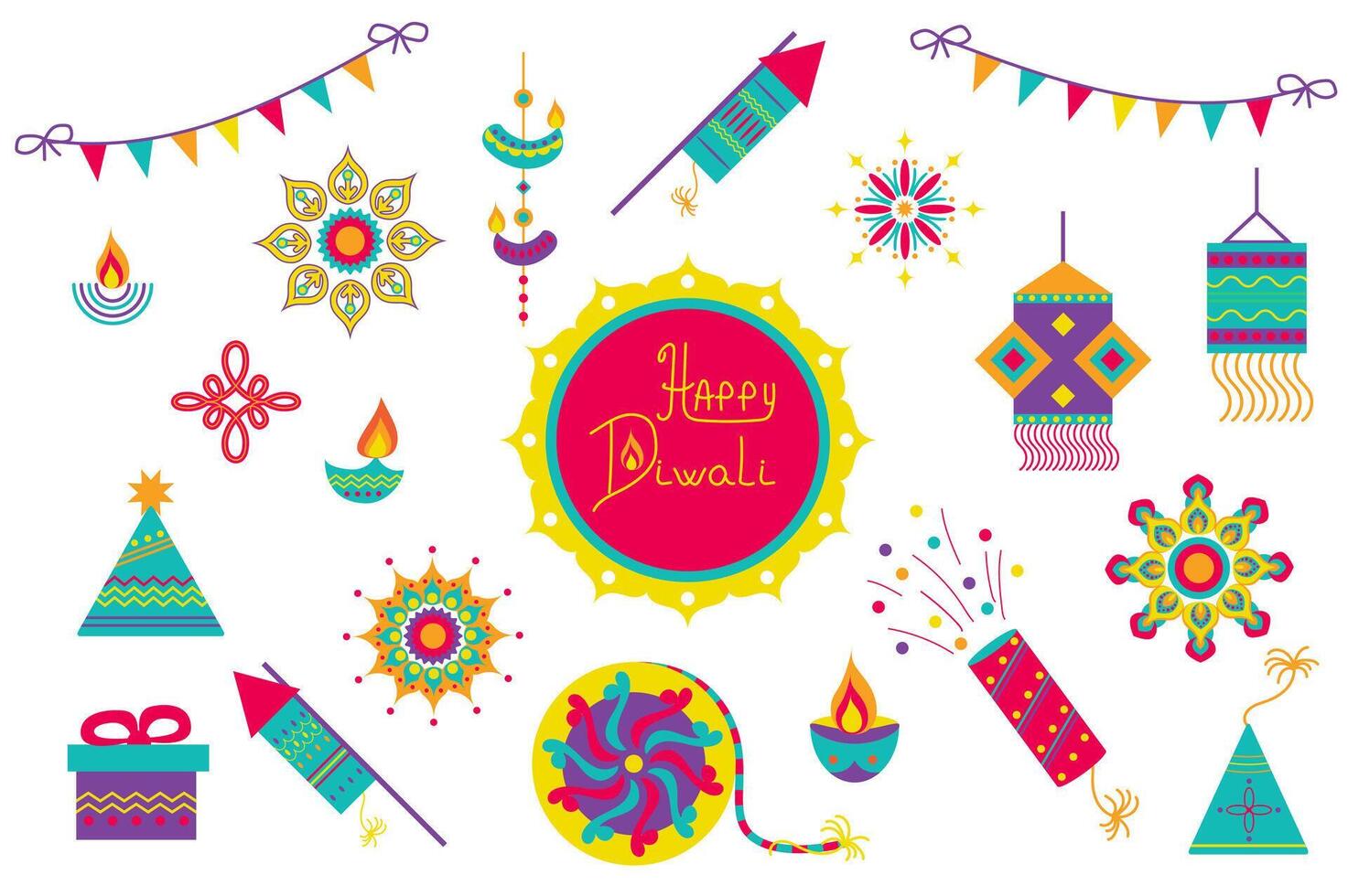 Diwali festival isolated elements set in flat design. Bundle of candles, garlands, fireworks, festive lanterns, oil lamps, crackers, mandalas, indian holiday ornaments and other. illustration. vector