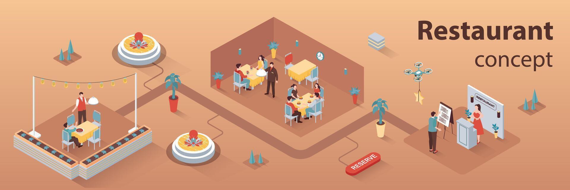 Restaurant concept 3d isometric infographics web banner. People visit restaurant, book tables, staff works at reception, waiter brings orders. illustration in isometry graphic design vector