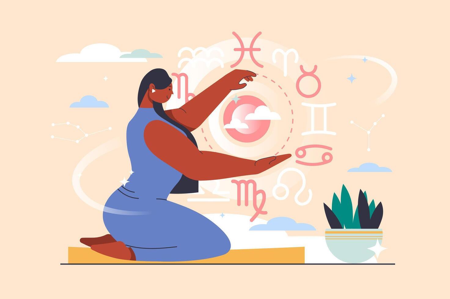 astrología concepto con personas escena en plano diseño. mujer astrólogo predice destino y lee horóscopo, trabajos con zodíaco señales y constelaciones ilustración con personaje situación para web vector