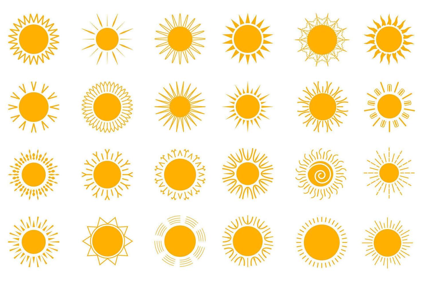 Sun isolated graphic elements set in flat design. Bundle of orange suns with sunlight in different shapes, summer geometric sunny symbols for seasonal decor or weather forecast. illustration. vector