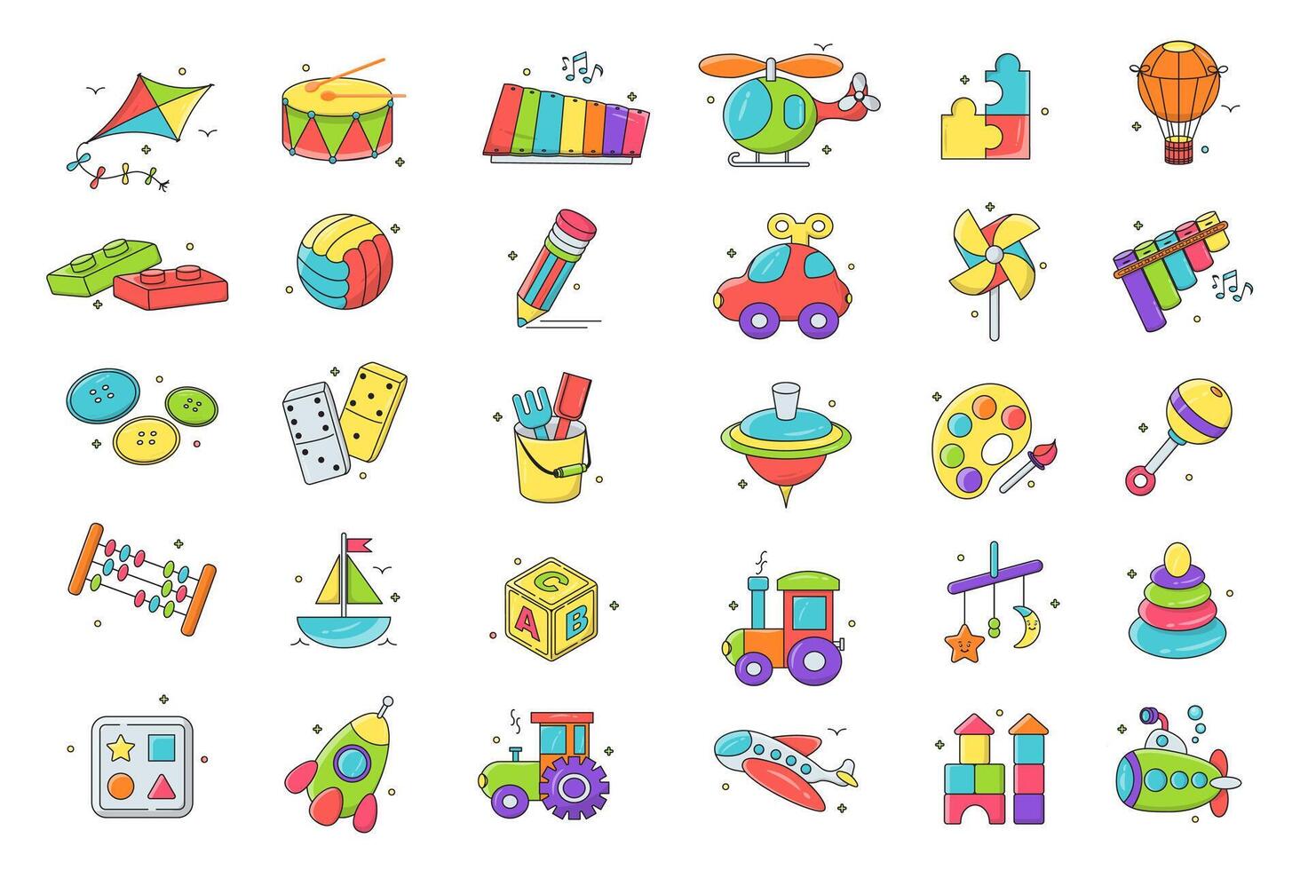 Kids toys isolated graphic elements set in flat design. Bundle of kite, drum, xylophone, helicopter, puzzles, balloon, constructor, ball, pencil, car, buttons, dominoes and other. illustration. vector