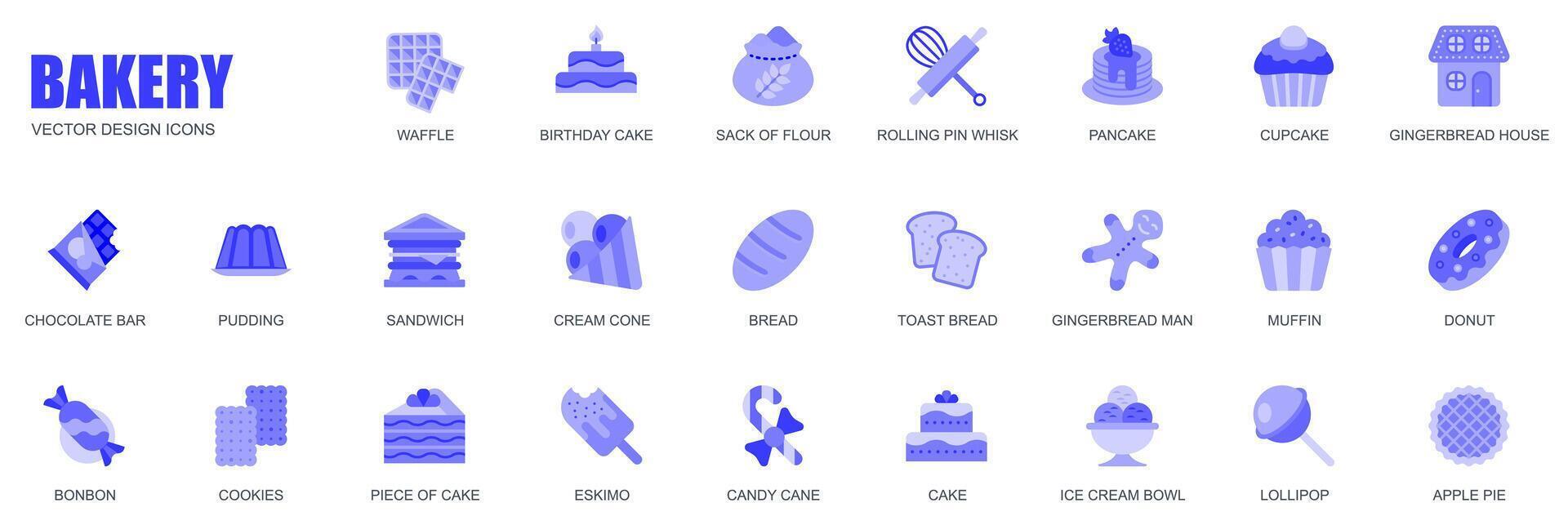 Bakery concept of web icons set in simple flat design. Pack of waffle, birthday cake, rolling pin, whisk, pancake, cupcake, gingerbread, chocolate and other. blue pictograms for mobile app vector