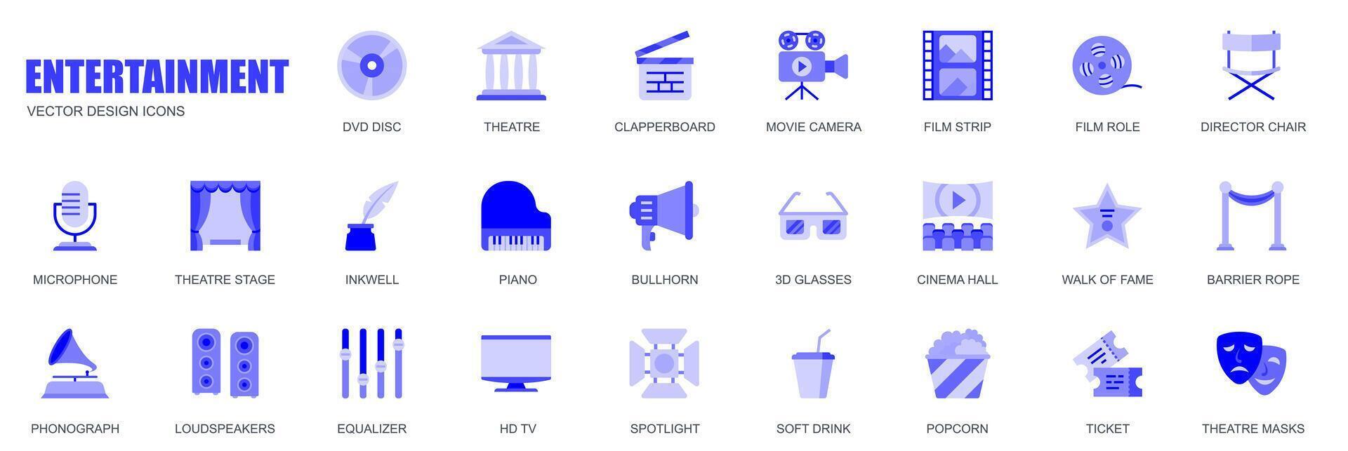 Entertainment concept of web icons set in simple flat design. Pack of dvd disc, theatre, clapperboard, movie, film, director, chair, microphone, stage and other. blue pictograms for mobile app vector