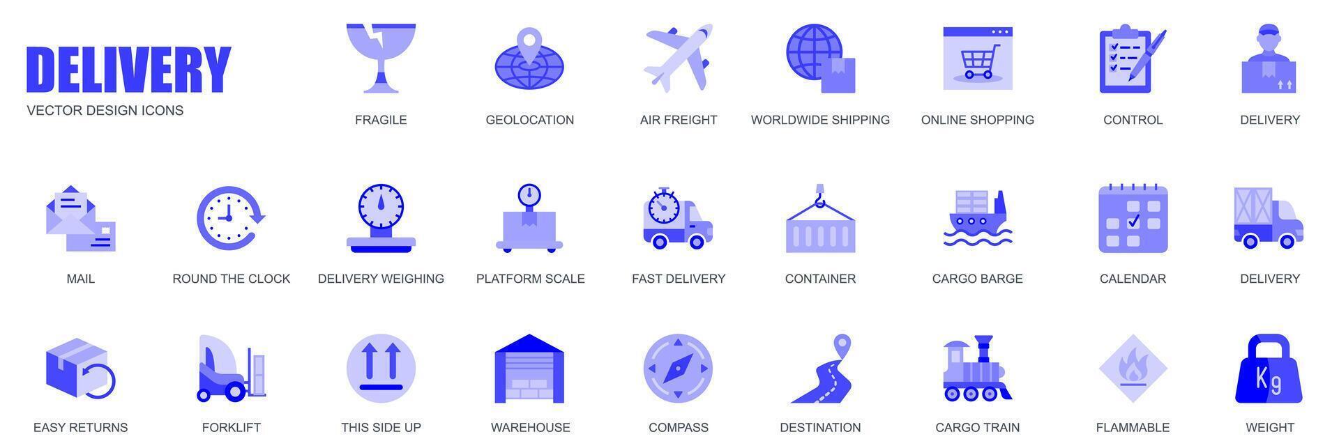 Delivery concept of web icons set in simple flat design. Pack of fragile, geolocation, air freight, worldwide, shipping, control, mail, cargo, weighing and other. blue pictograms for mobile app vector