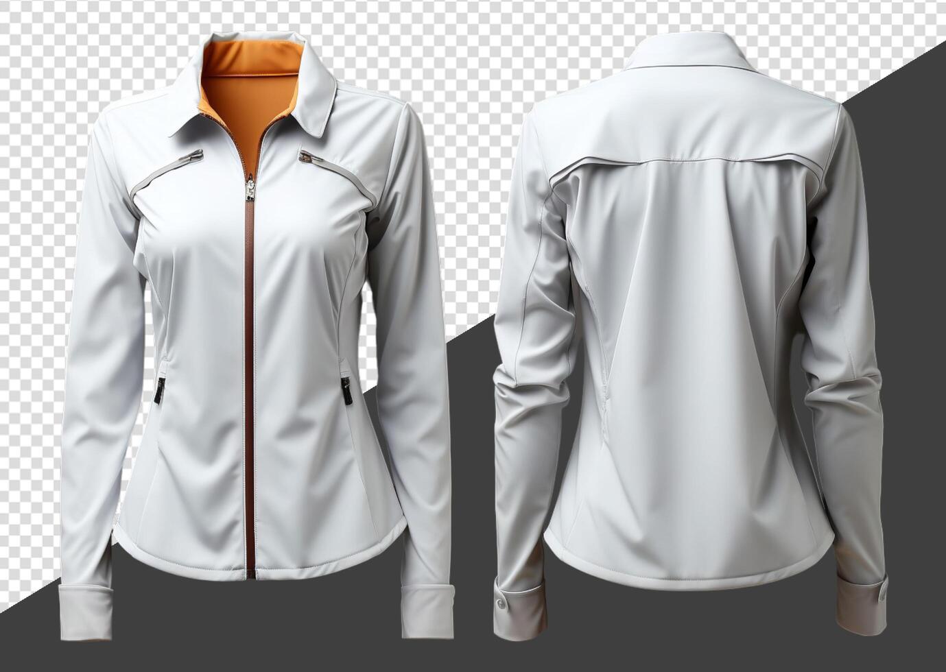 Plain white women's jacket mockup, Front and back view, isolated on transparent background, photo