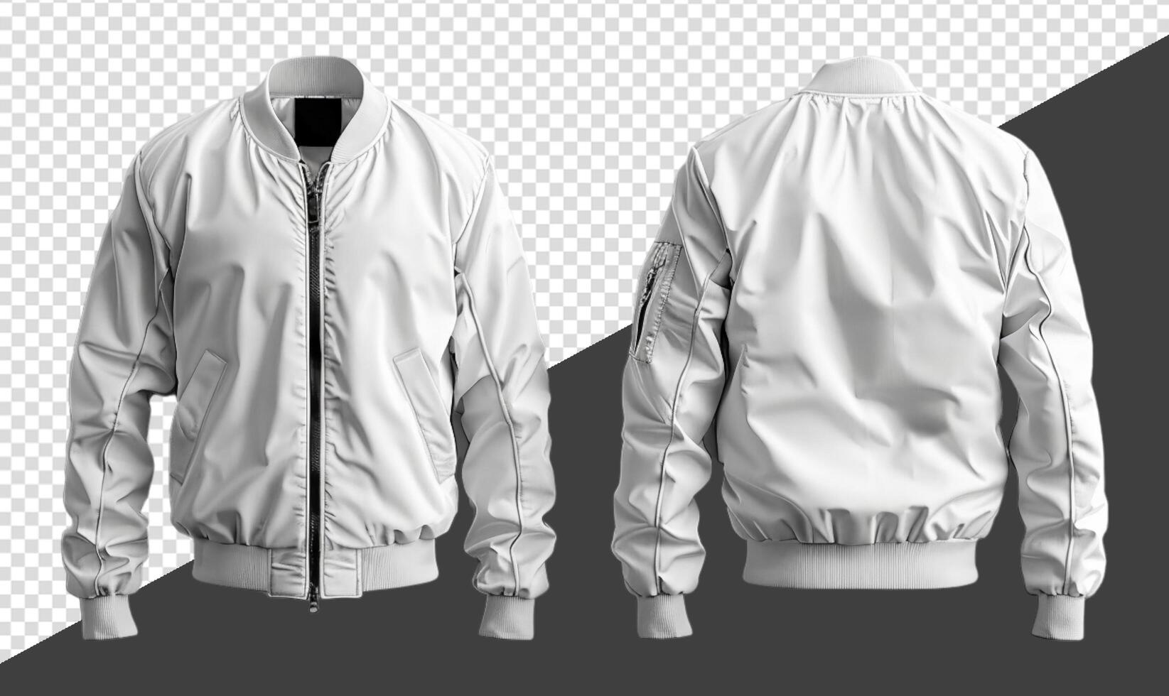 Plain white bomber jacket mockup, Front and back view, isolated on transparent background, photo
