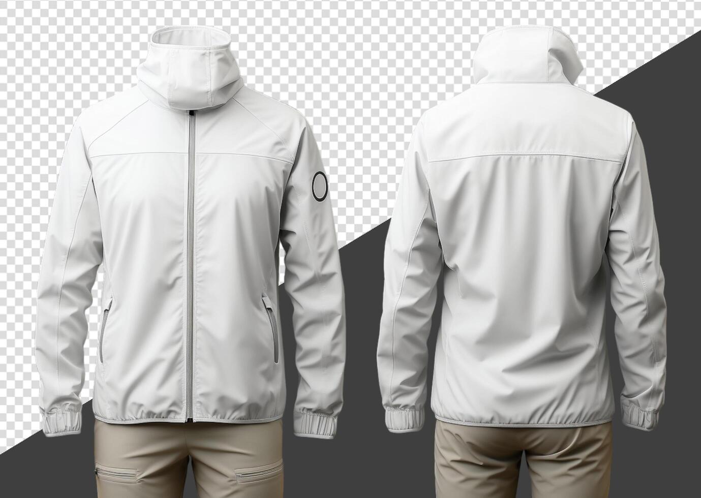 Plain white jacket mockup, Front and back view, isolated on transparent background, photo