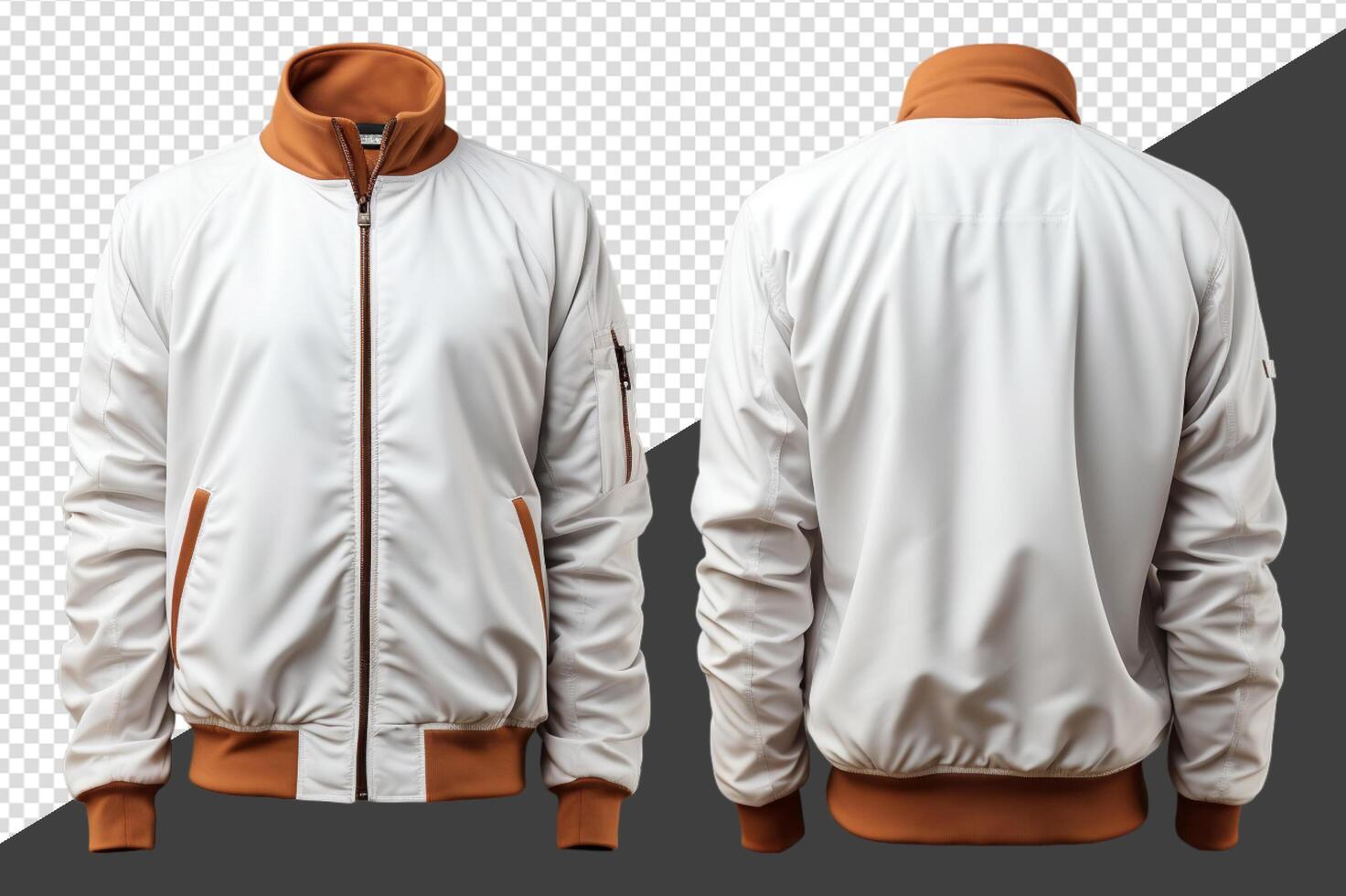 Plain orange white jacket mockup, parachute material, Front and back view, isolated on transparent background, photo