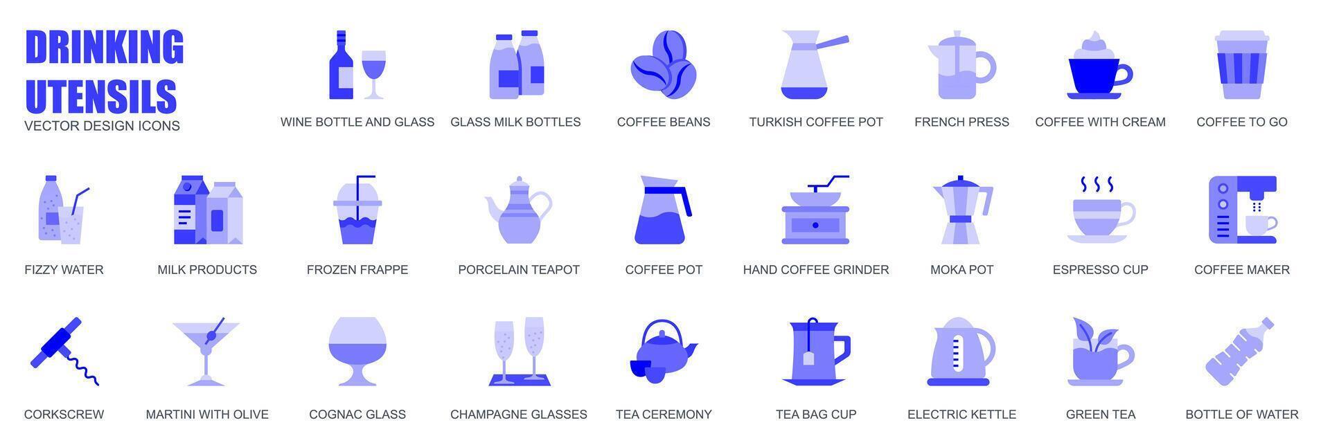 Drinking utensils concept of web icons set in simple flat design. Pack of wine bottle, milk, coffee beans, turkish pot, french press, frozen frappe and other. blue pictograms for mobile app vector