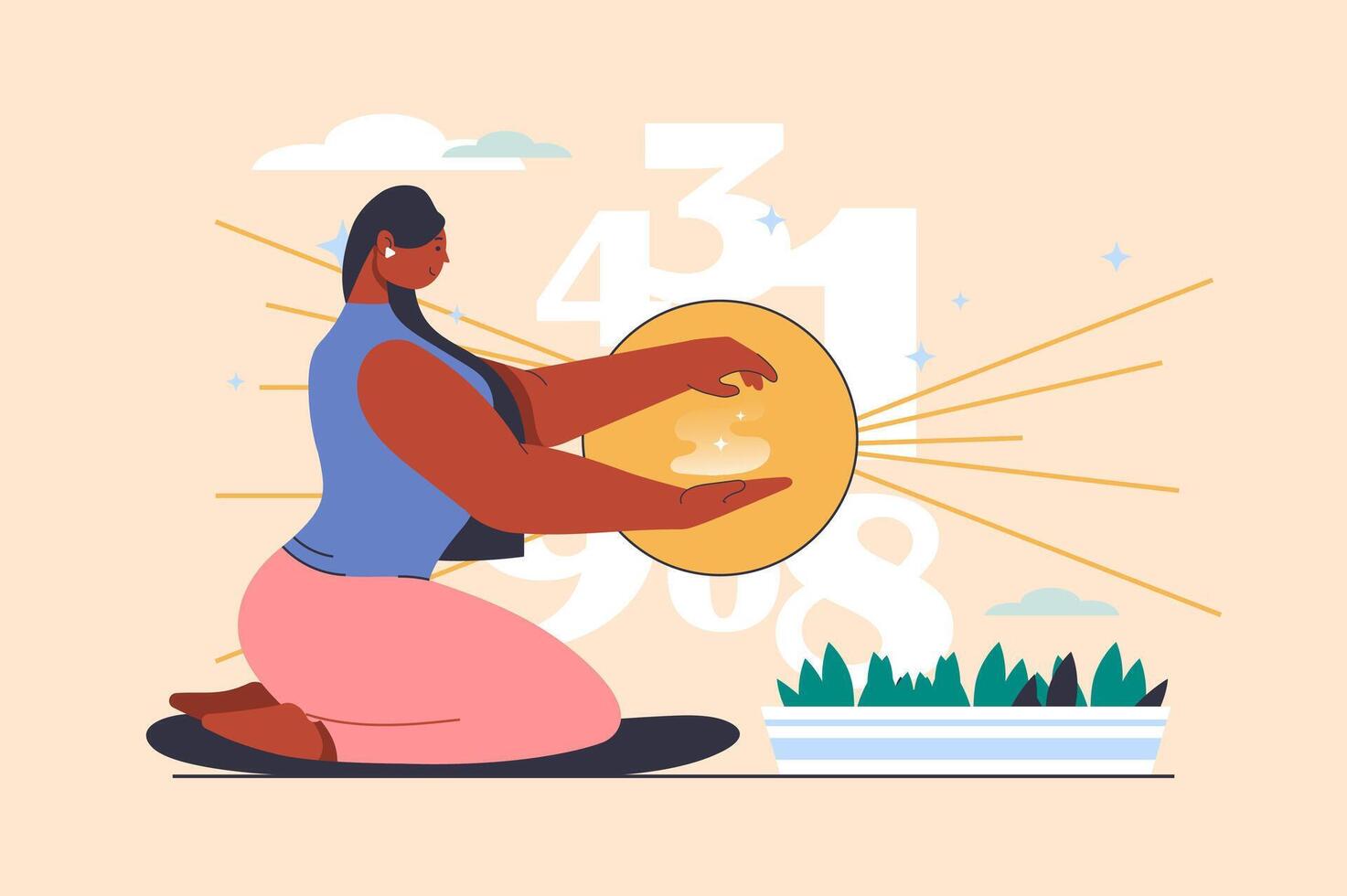 Numerology concept with people scene in flat design. Woman numerologist predicts fate and counts important dates and numbers, making in esoteric. illustration with character situation for web vector
