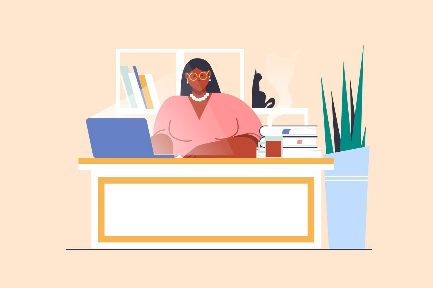 Business lady concept with people scene in flat design. Woman entrepreneur sitting at desk and working at laptop, developing her own company. illustration with character situation for web vector