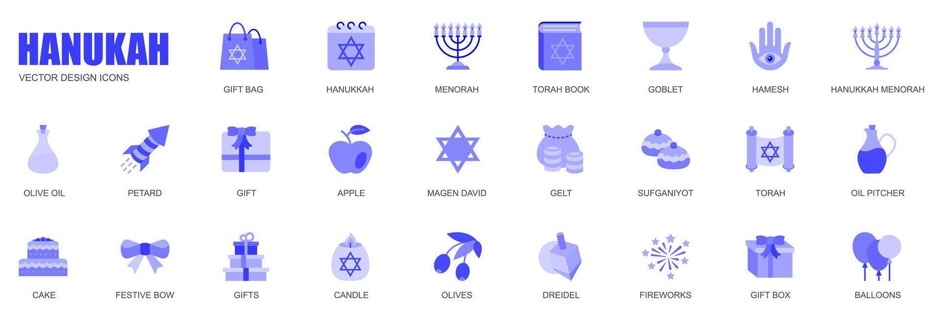 Hanukkah concept of web icons set in simple flat design. Pack of bag gift, firework, menorah, torah book, goblet, hamesh, olive oil, petard, candle and other. blue pictograms for mobile app vector
