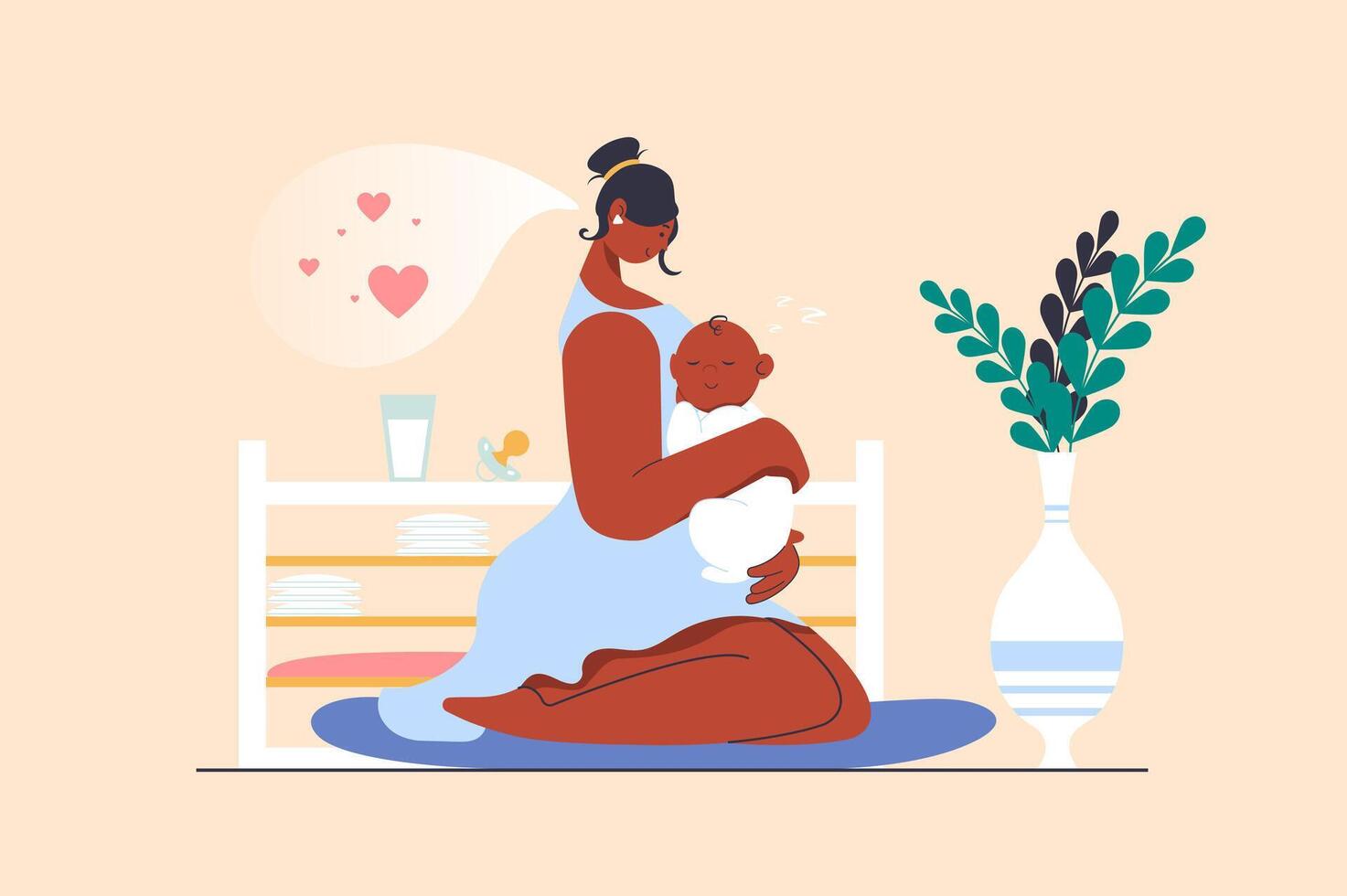 Motherhood concept with people scene in flat design. Young mother holding and hugging little newborn baby, enjoys her maternity and child care. illustration with character situation for web vector