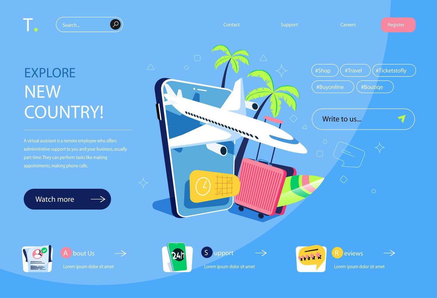 Travel agency concept in flat cartoon design for homepage layout. Choosing tour for rest, booking and paying for flights tickets and hotel rooms. illustration for landing page and web banner vector