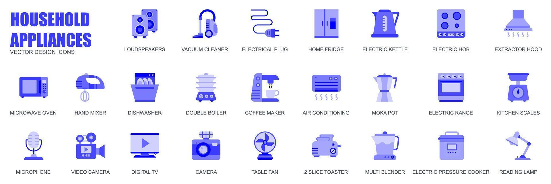 Household appliances concept of web icons set in simple flat design. Pack of loudspeaker, vacuum cleaner, boiler, plug, fridge, microwave oven, mixer and other. blue pictograms for mobile app vector