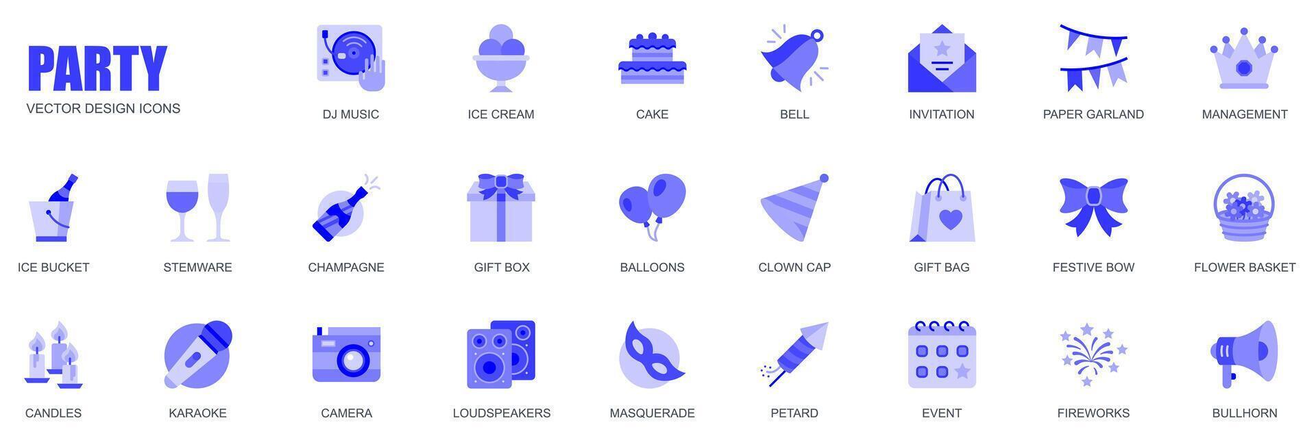 Party concept of web icons set in simple flat design. Pack of dj music, ice cream, cake, invitation, paper garland, karaoke, stemware, champagne, gift and other. blue pictograms for mobile app vector