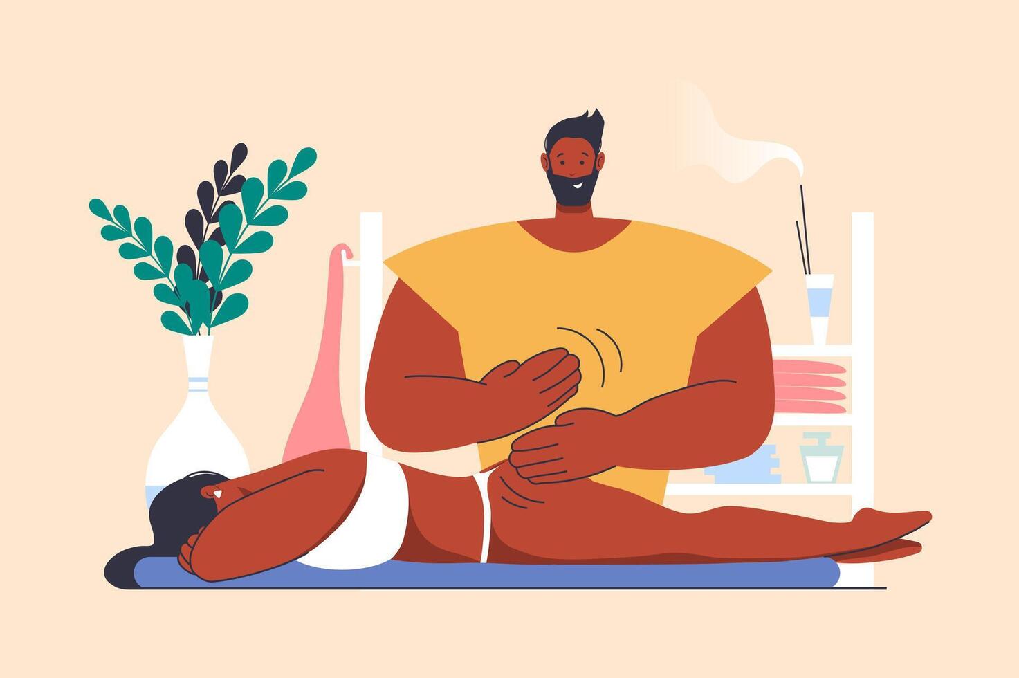 Anti cellulite massage concept with people scene in flat design. Woman lying down and getting professional body treatment from masseur in salon. illustration with character situation for web vector