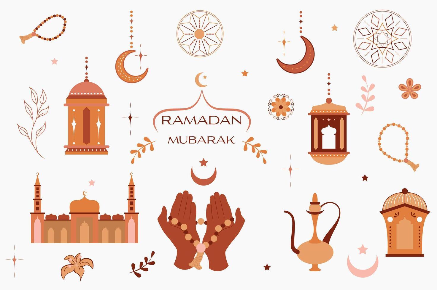Ramadan Mubarak isolated elements set in flat design. Bundle of prayer rosary, mosque, crescent moon, patterns, lantern with candle, coffee pot and other traditional symbols. illustration. vector
