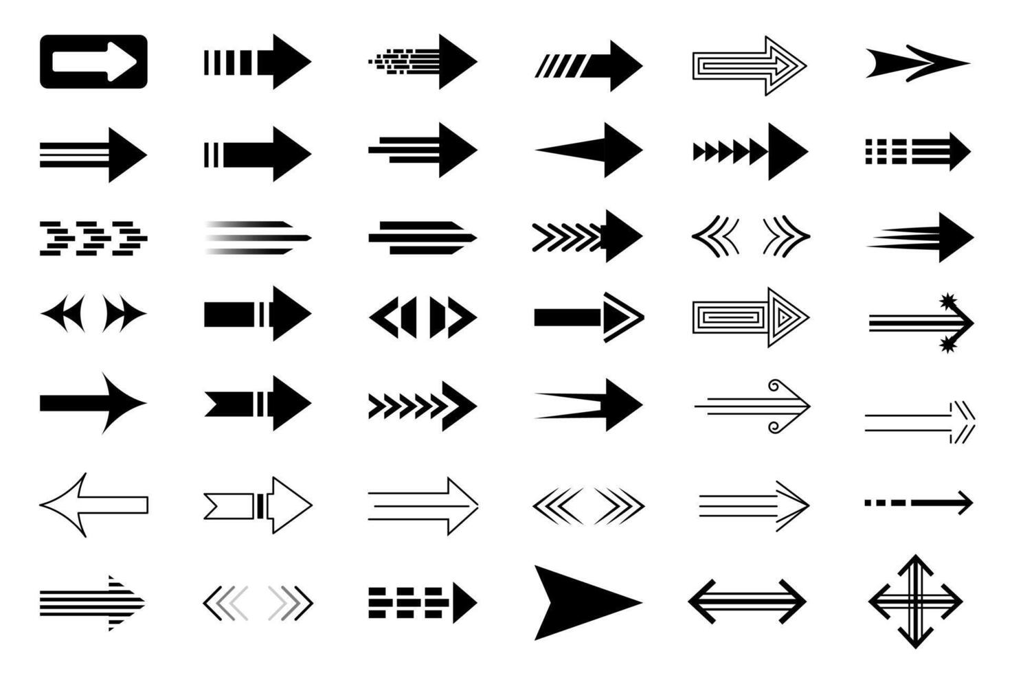 Arrows isolated graphic elements set in flat design. Bundle of different black line cursors and directions pointers, navigation arrowhead buttons for application interface. illustration. vector