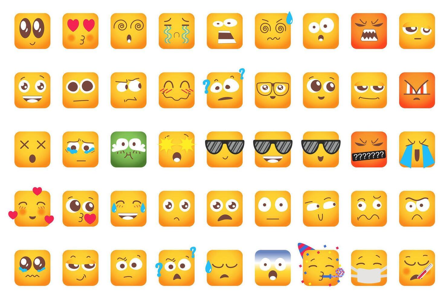 Emoji isolated graphic elements set in flat design. Bundle of different emoticon faces with expression emotions - cute, kiss, crying, screaming, angry, enjoy, thinking and other. illustration. vector