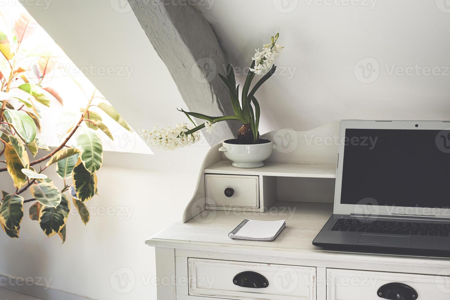A white table with a laptop photo