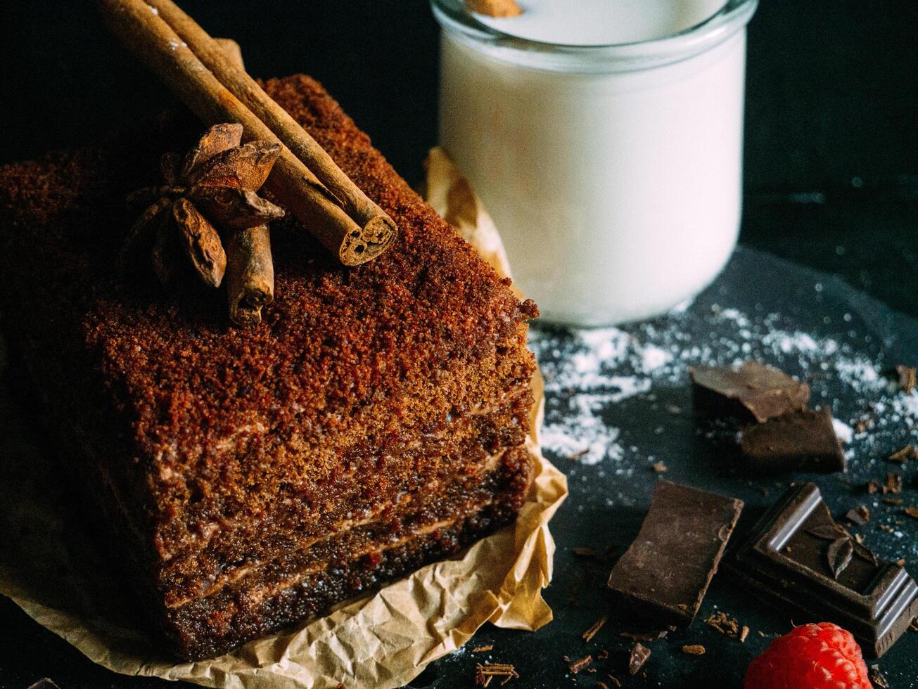 chocolate cake with raspberries and cinnamon photo