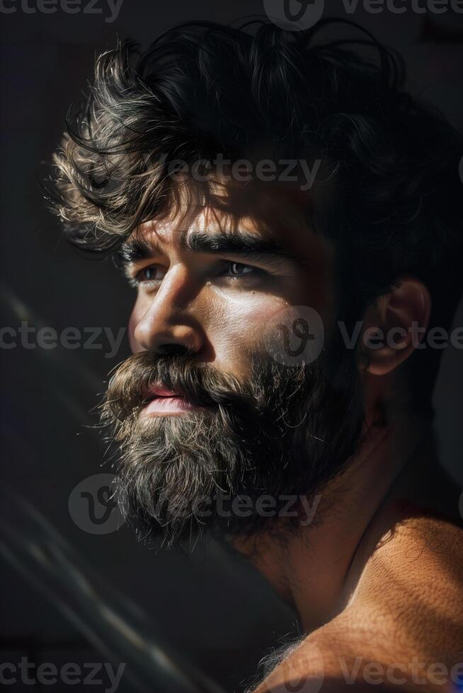 Portrait of serious beard man in low key light side view image photo