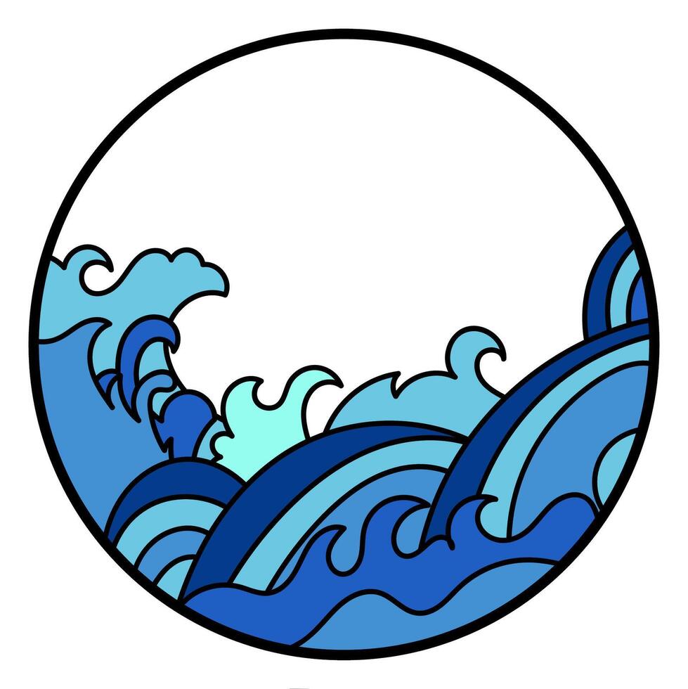 Picture frame, circle, decorated with sea waves, blue water vector