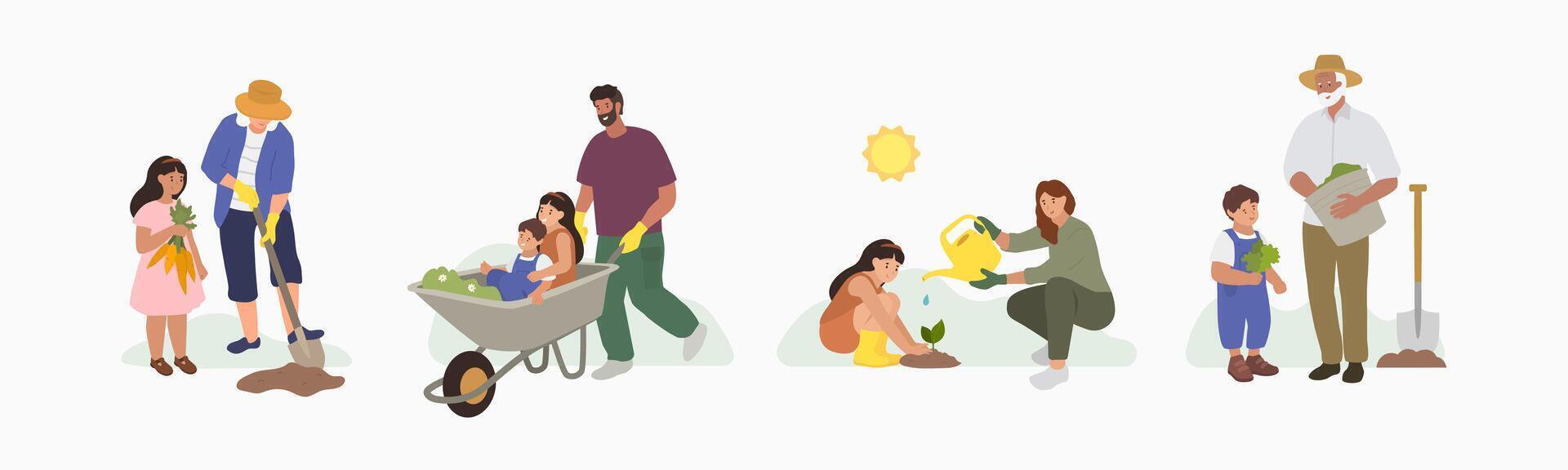 Gardening with kids. Happy family smiling and gardening together. vector