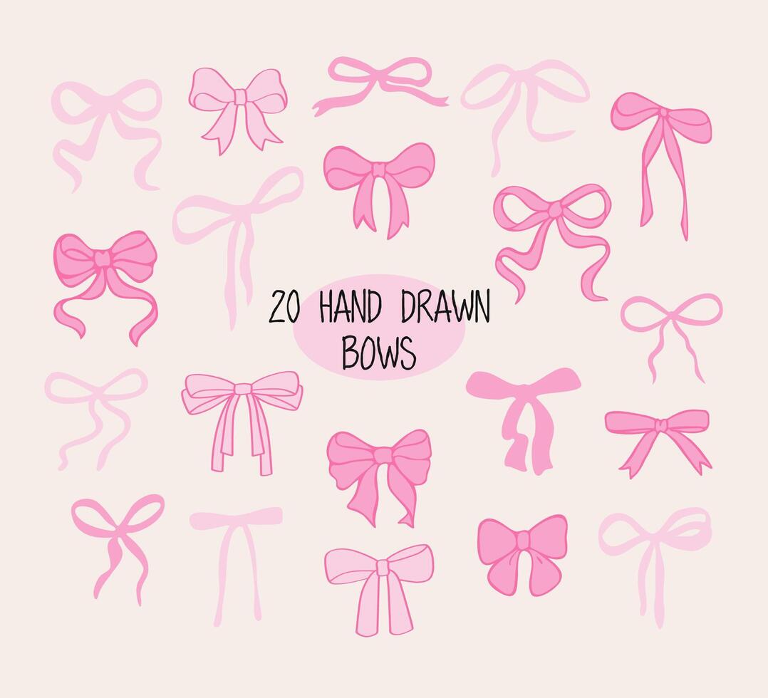 Pink bow ribbon set. Hand drawn doodle. Flat simple bow icons vector