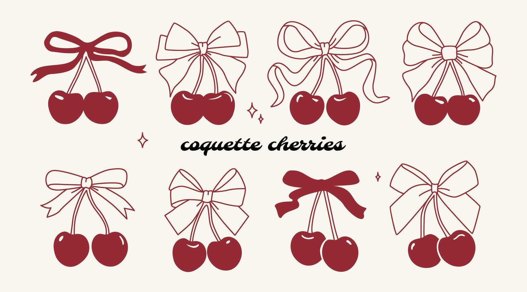 Coquette cherries with gift bow. Cherries with ribbon. Cute trendy line art set vector