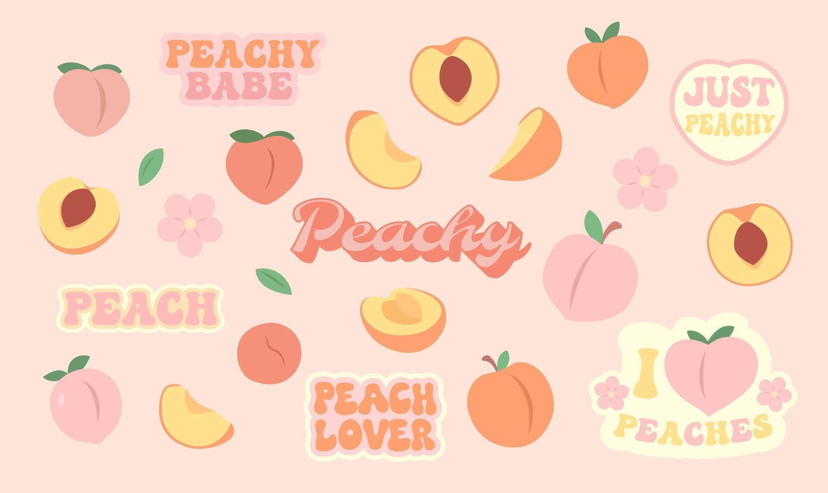 Peaches set. Cute peach fruit. Simple flat doodle vector