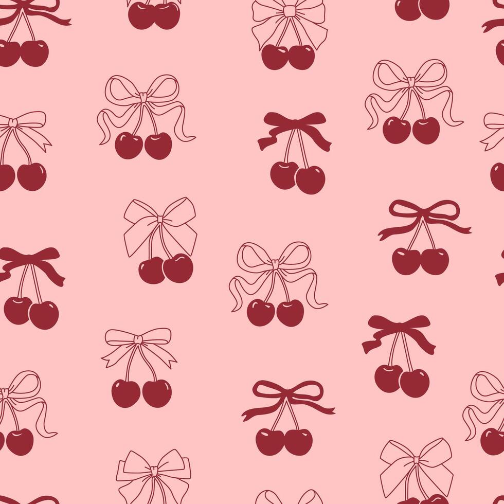 Coquette ribbon bowwith cherries. Cute trendy line art doodles. vector