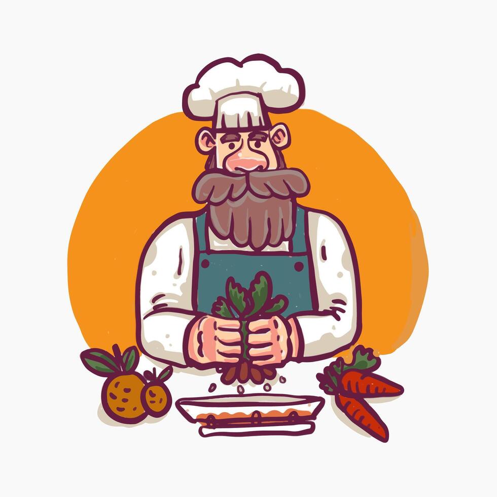 Hand drawn Chef cooking vegetables vector