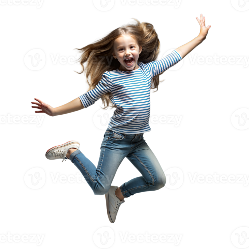 Joyful young girl jumping in excitement on transparent background png