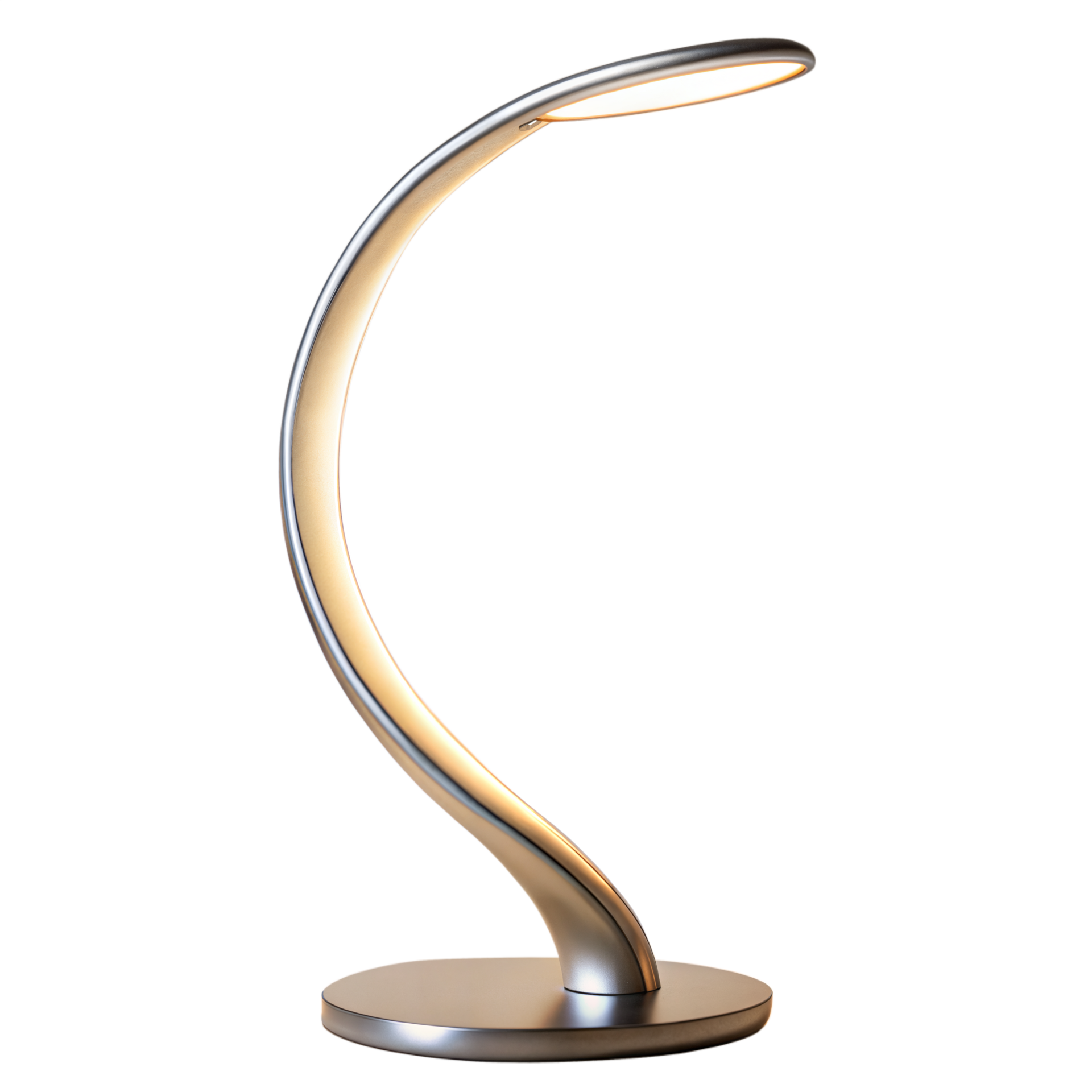 Modern curved LED desk lamp with elegant design on transparent