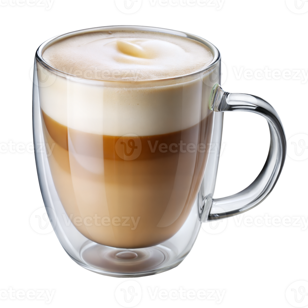 Layered cappuccino with creamy foam in a transparent mug png