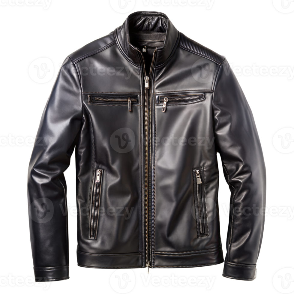 A black leather jacket displayed on a plain white background png