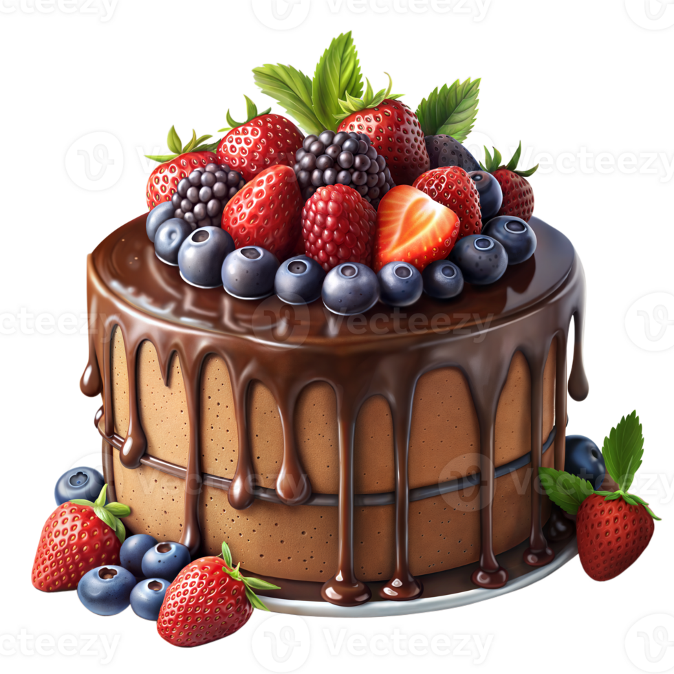 A cake covered in chocolate icing and topped with fresh berries png