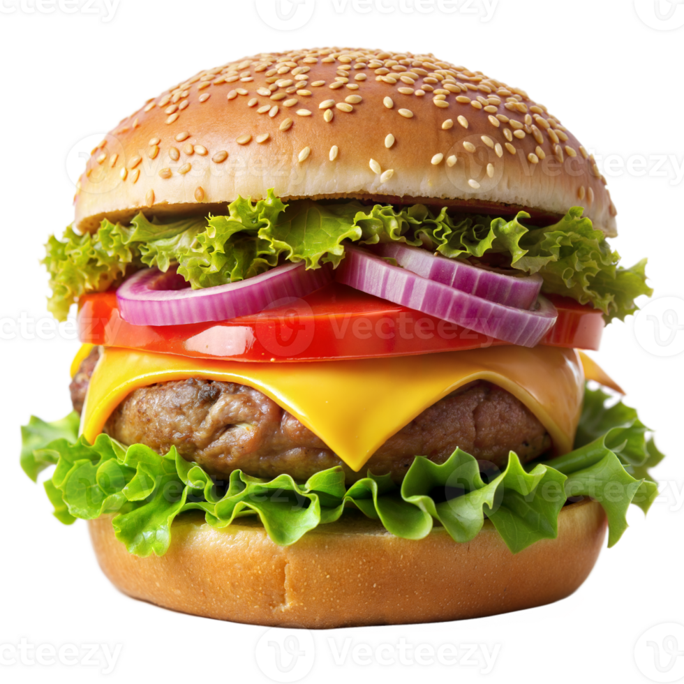 Cheeseburger with melting cheese, crisp vegetables, and a seeded bun png